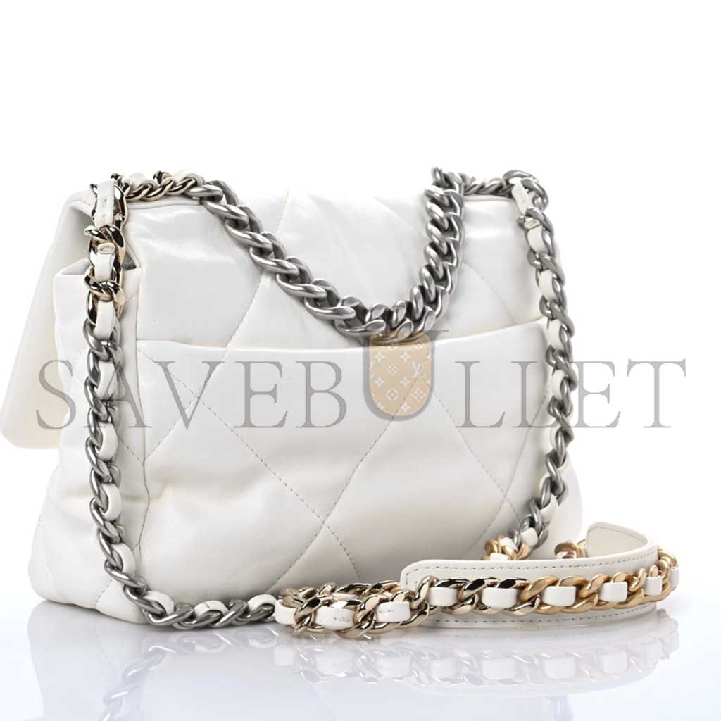 CHANEL LAMBSKIN QUILTED MEDIUM CHANEL 19 FLAP WHITE AS1160 (26*16*9cm)